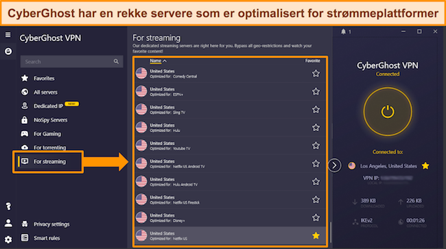 Skjermbilde av CyberGhosts liste over streamingoptimaliserte servere for populære plattformer