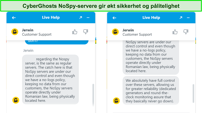 Skjermbilde av CyberGhosts live chat-agent som forklarer den økte sikkerheten og påliteligheten til NoSpy-serverne.