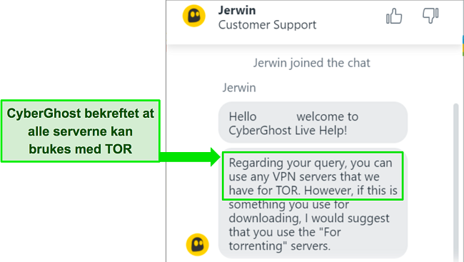 Skjermbilde av CyberGhosts live chat som bekrefter kompatibiliteten med Tor-nettleseren.