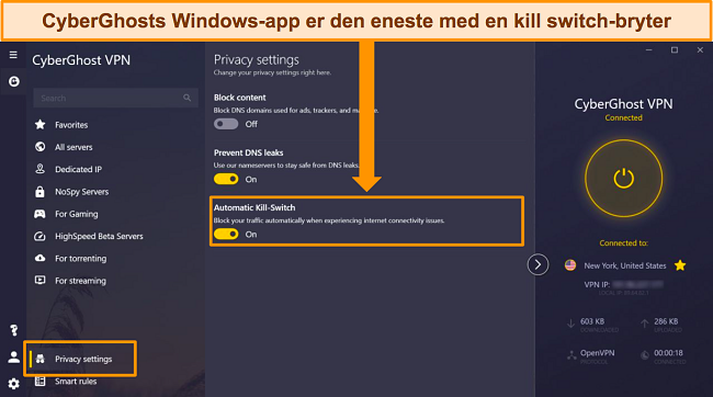 Skjermbilde av CyberGhosts Windows-app med alternativet Automatic Kill Switch uthevet.