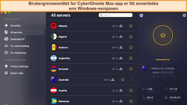 Skjermbilde av CyberGhosts Mac-app-grensesnitt