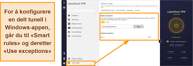 Skjermbilde av CyberGhost VPNs Smart Rules Whitelister-funksjon