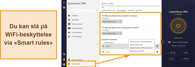 Skjermbilde av CyberGhost VPNs WiFi-beskyttelsesfunksjon