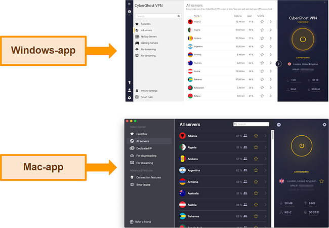 Skjermbilde av CyberGhost VPN-appen på Windows versus Mac