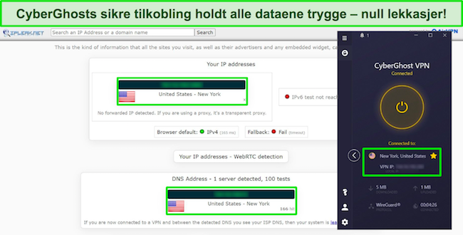 Skjermbilde av lekkasjetestresultater på CyberGhost
