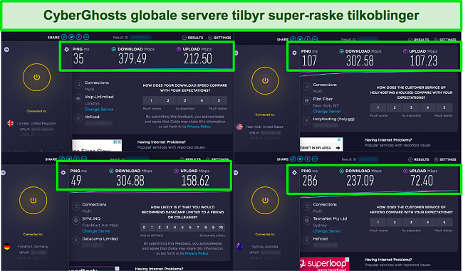 skjermbilde av side ved side hastighetstester sammen med CyberGhost-appen koblet til forskjellige servere