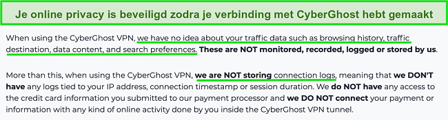 Screenshot van de privacyverklaring van CyberGhost VPN op zijn website