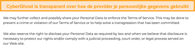 Screenshot van het privacybeleid van CyberGhost op zijn website waarin staat dat de VPN enkele persoonlijke gegevens verzamelt
