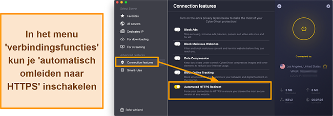 Schermafbeelding van de geautomatiseerde HTTPS-omleidingsfunctie van CyberGhost VPN