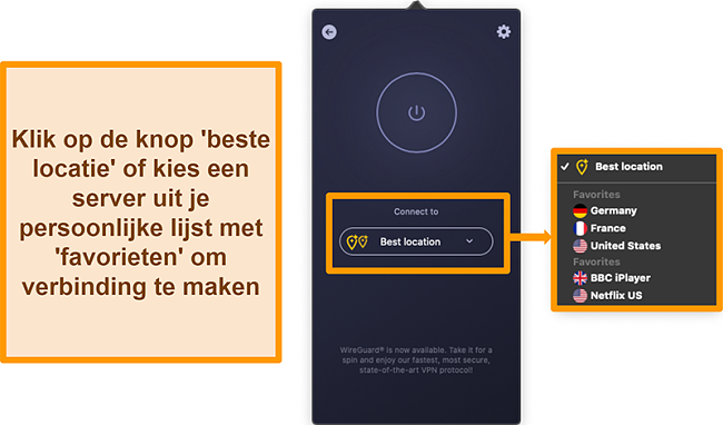 Screenshot van de beste locatie-functie van CyberGhost VPN in de app