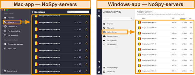 Screenshot van de NoSpy-servers van CyberGhost VPN in de Windows versus Mac-app