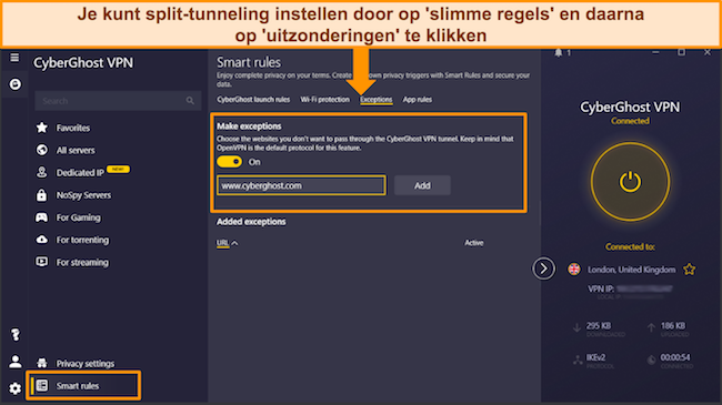 Screenshot van de split tunneling-functie van CyberGhost in de Windows-app