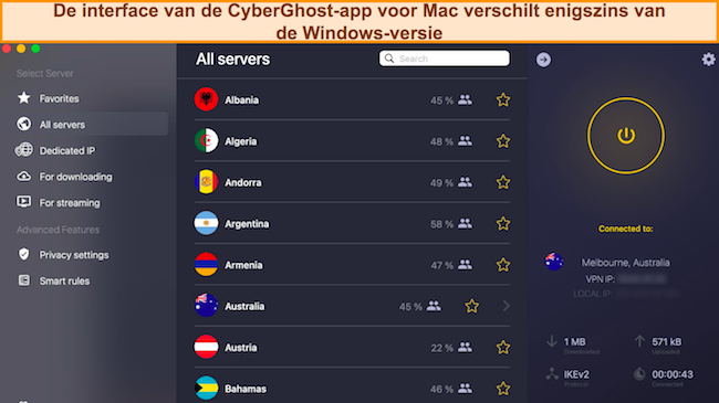Screenshot van de Mac-app-interface van CyberGhost