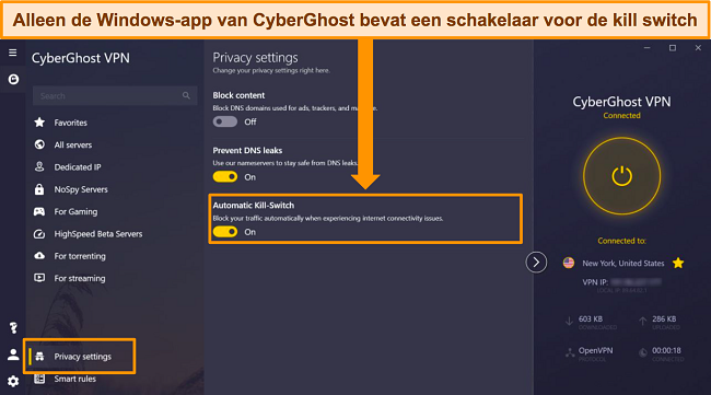 Screenshot van de Windows-app van CyberGhost met de optie Automatic Kill Switch gemarkeerd.