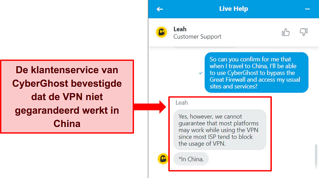 Screenshot van de livechat van CyberGhost waarin staat dat de VPN niet gegarandeerd werkt in China.