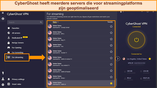 Screenshot van CyberGhost's lijst met voor streaming geoptimaliseerde servers voor populaire platforms