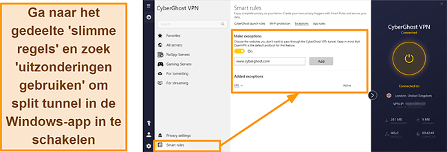 Screenshot van de Smart Rules Whitelister-functie van CyberGhost VPN