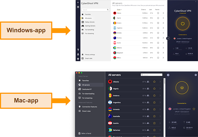 Screenshot van de CyberGhost VPN-app op Windows versus Mac