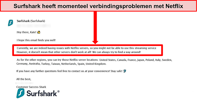 Screenshot van klantenservice-e-mail van Surfshark waarin staat dat de service problemen heeft met het verbinden met Netflix-servers.