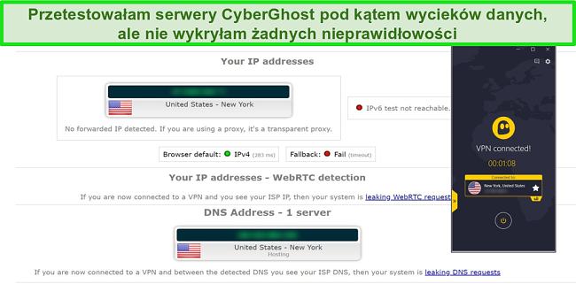 Zrzut ekranu przedstawiający wynik testu wycieku adresu IP i DNS, gdy CyberGhost jest połączony z serwerem w USA