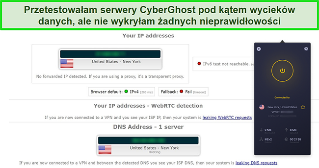 Zrzut ekranu przedstawiający połączenie CyberGhost VPN z serwerem w USA i pomyślne przejście testu szczelności IP