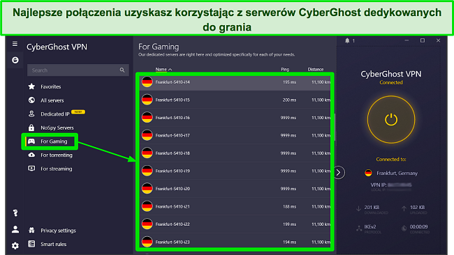 Zrzut ekranu serwerów CyberGhost zoptymalizowanych pod kątem gier w aplikacji Windows
