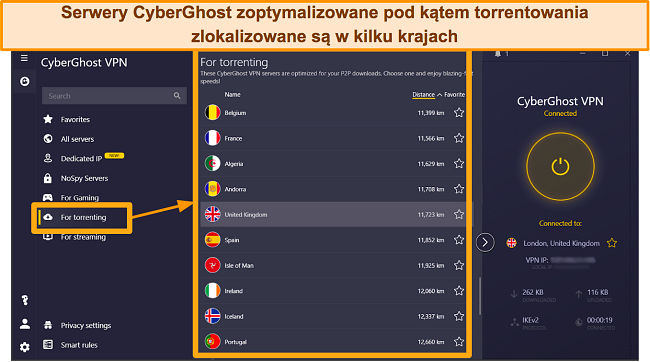 Zrzut ekranu serwerów CyberGhost zoptymalizowanych pod kątem torrentowania w aplikacji Windows