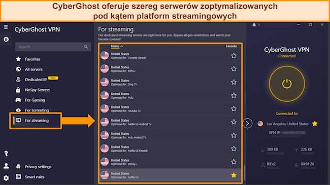 Zrzut ekranu przedstawiający listę serwerów CyberGhost zoptymalizowanych pod kątem przesyłania strumieniowego dla popularnych platform