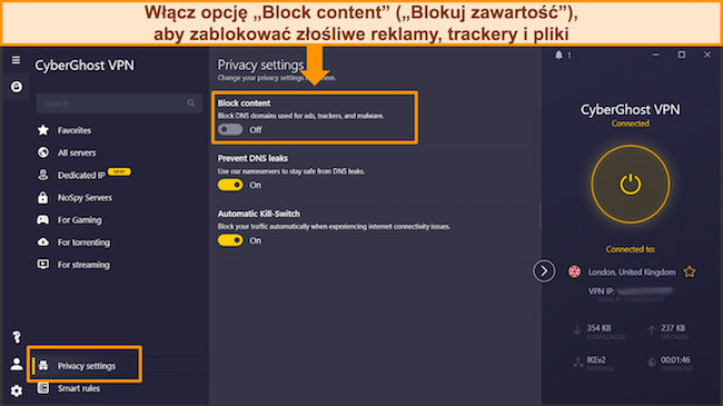 Zrzut ekranu przedstawiający funkcję blokowania treści CyberGhost w aplikacji Windows