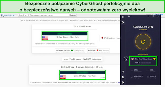 Zrzut ekranu z wynikami testu szczelności na CyberGhost