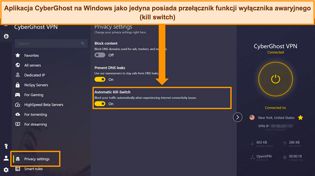 Zrzut ekranu aplikacji CyberGhost dla systemu Windows z podświetloną opcją automatycznego przełączania zabijania.
