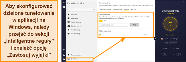 Zrzut ekranu przedstawiający funkcję Smart Rules Whitelister CyberGhost VPN