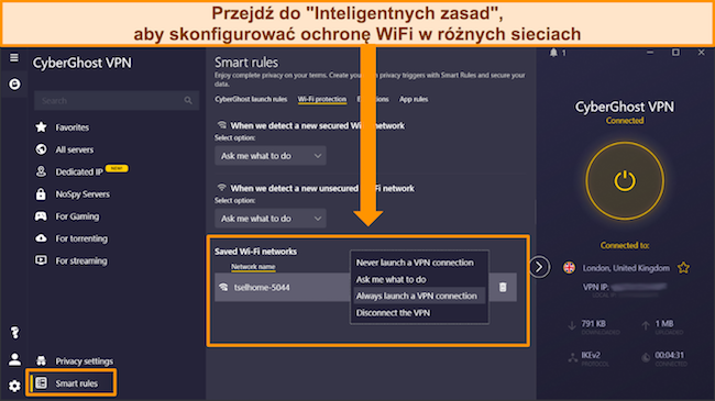 Zrzut ekranu ustawień ochrony Wi-Fi w aplikacji CyberGhost