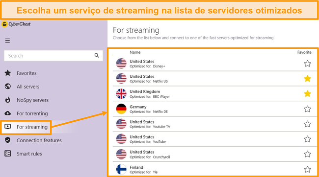 Captura de tela dos servidores de streaming otimizados da CyberGhost no aplicativo do Windows