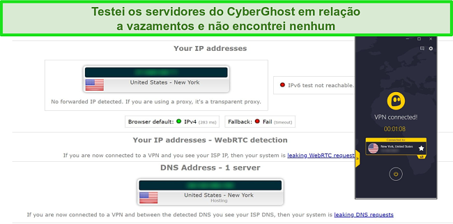 Captura de tela do resultado do teste de vazamento de IP e DNS com CyberGhost conectado a um servidor dos EUA