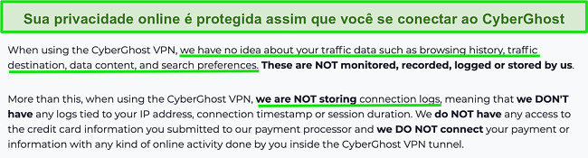 Captura de tela da declaração de privacidade da VPN da CyberGhost em seu site
