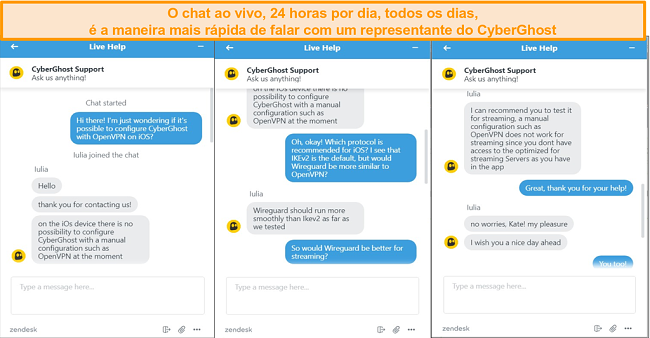 Captura de tela do bate-papo ao vivo do CyberGhost