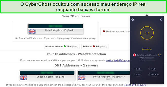 Captura de tela da VPN CyberGhost conectada a um servidor do Reino Unido e passando com sucesso em um teste de vazamento de IP