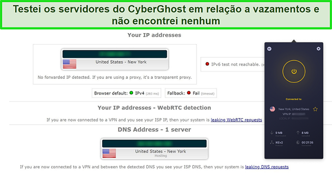 Captura de tela da VPN CyberGhost conectada a um servidor dos EUA e passando com sucesso em um teste de vazamento de IP
