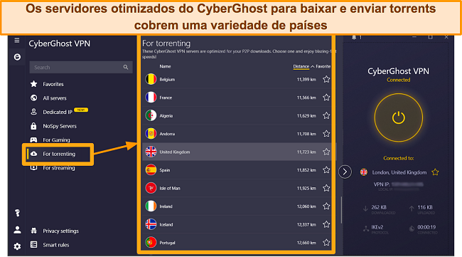 Captura de tela dos servidores otimizados para torrent do CyberGhost no aplicativo do Windows