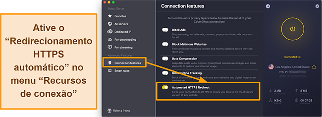 Captura de tela do recurso de redirecionamento automatizado de HTTPS da CyberGhost VPN
