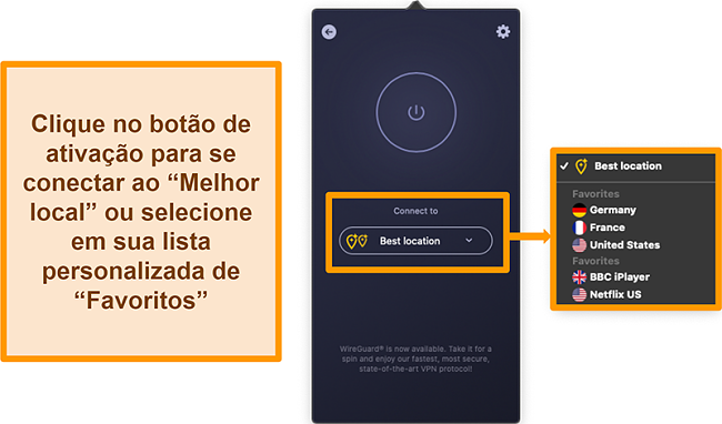 PT-CyberGhost-VPN-Best-Location-Feature-Portuguese Captura de tela do recurso Melhor localização da VPN da CyberGhost no aplicativo
