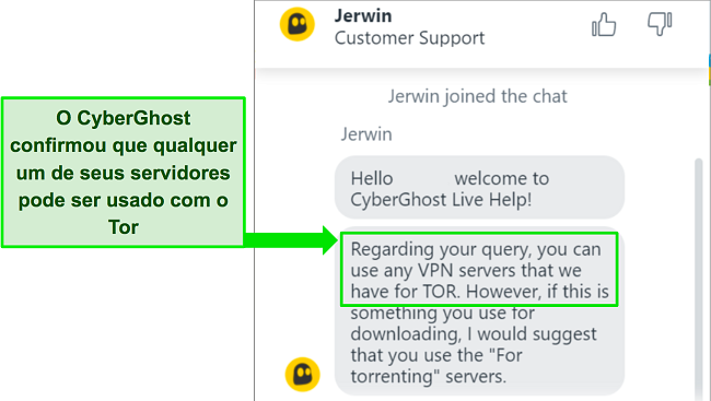Captura de tela do bate-papo ao vivo do CyberGhost confirmando sua compatibilidade com o navegador Tor.
