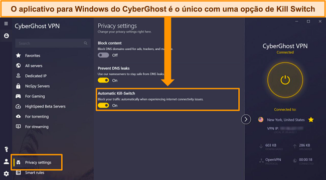 Captura de tela do aplicativo para Windows do CyberGhost com a opção Automatic Kill Switch destacada.