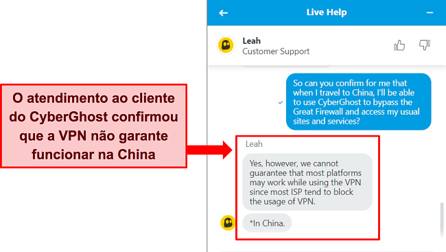 Captura de tela do bate-papo ao vivo do CyberGhost informando que não é garantido que a VPN funcione na China.