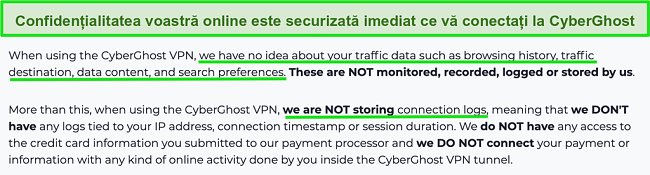 Captură de ecran a declarației de confidențialitate CyberGhost VPN pe site-ul său web