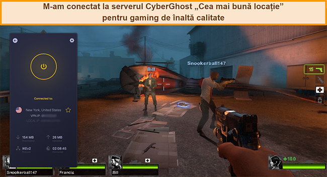 Captură de ecran a utilizatorului conectat la serverul CyberGhost VPN din SUA în timpul jocurilor online
