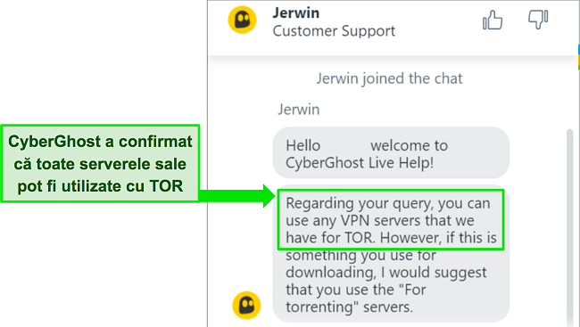 Captură de ecran a chat-ului live al CyberGhost care confirmă compatibilitatea acestuia cu browserul Tor.