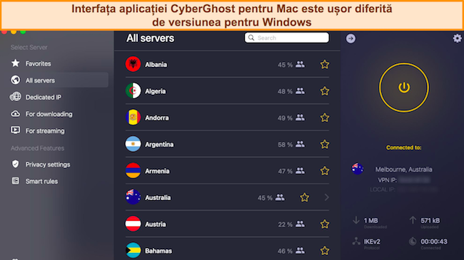 Captură de ecran a interfeței aplicației CyberGhost pentru Mac
