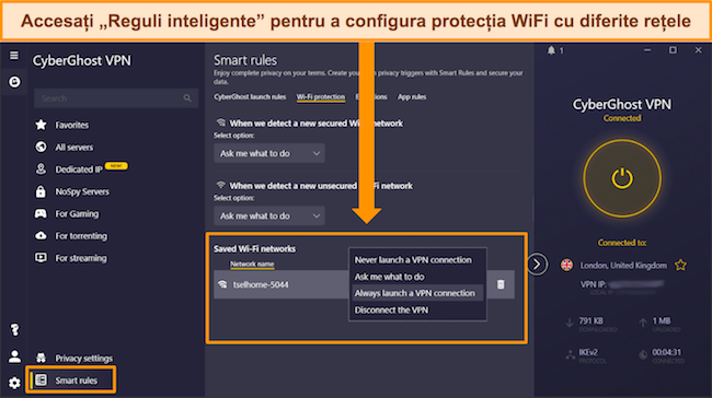 Captură de ecran a setărilor de protecție WiFi din aplicația CyberGhost